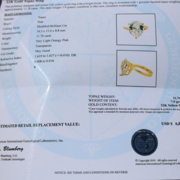 Certified Imperial Topaz 11.70ct Solid 22K Ring - Picture 9 of 11